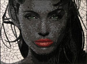 mosaic portrait of Angelina Jolie in black, white red and green