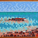mosaic scene of Broome beach with red brown rocks and turquoise ocean