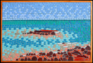 mosaic scene of Broome beach with red brown rocks and turquoise ocean