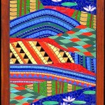 colourful mosaic design with waterlilies, lily pads, decorative triangles and tree trunks