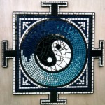 yin and yang water feature in blue and white