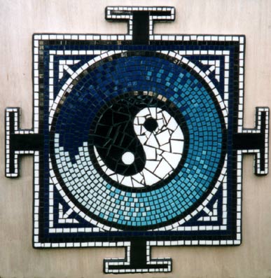 yin and yang water feature in blue and white