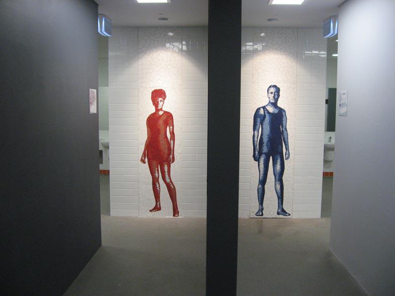 change room life size swimmers in red and blue mosaic annette Kellerman aquatic centre