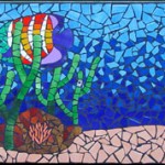 underwater scene in mosaic with colourful fish, clam and various corals