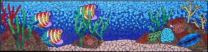 underwater scene in mosaic with colourful fish, clam and various corals