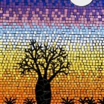 Mosaic of moon rising during sunset with a baobab are in the foreground