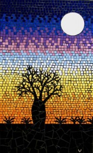 Mosaic of moon rising during sunset with a baobab are in the foreground