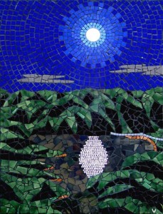 mosaic of moon setting over lake baroon