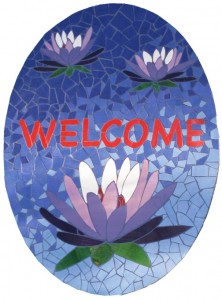 mosaic welcome sign with Lillies on a pond