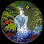 mosaic waterfall with butterflies and dense foliage