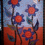 Surreal mosaic flowers with bee flying about