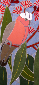 outdoor mosaic mural in the bush art galah gum leaves