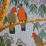Mosaic depiction of 3 native gang gangs birds in a flowering gum tree