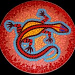 goanna mosaic with iconic goanna symbol against a red earth background