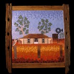 mosaic triptych representing rural scenes in a border of weathered fence posts