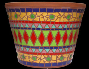 geometric mosaic design on a terracotta pot