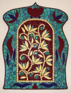 Indian flowers mosaic mural in aqua, burgundy & cream colourings