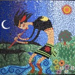 Kokopelli figure playing flute with stream, flowers, sun, moon bringing spring in from winter