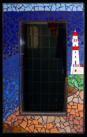 Mosaic mirror inspired by a lighthouse scene