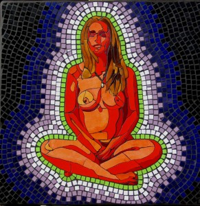 mosaic of nude figure in meditation in bright reds with dark background