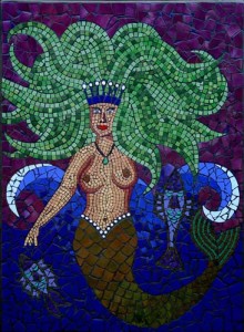 mosaic of a mermaid with flowing green hair set in stormy seas