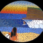 beach and surfing wave scene on a mosaic tabletop