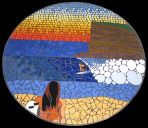beach and surfing wave scene on a mosaic tabletop