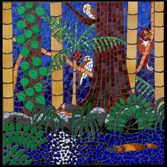rainforest mosaic mural with platypus, possum, bandicoot, tawny frogmouth and palms