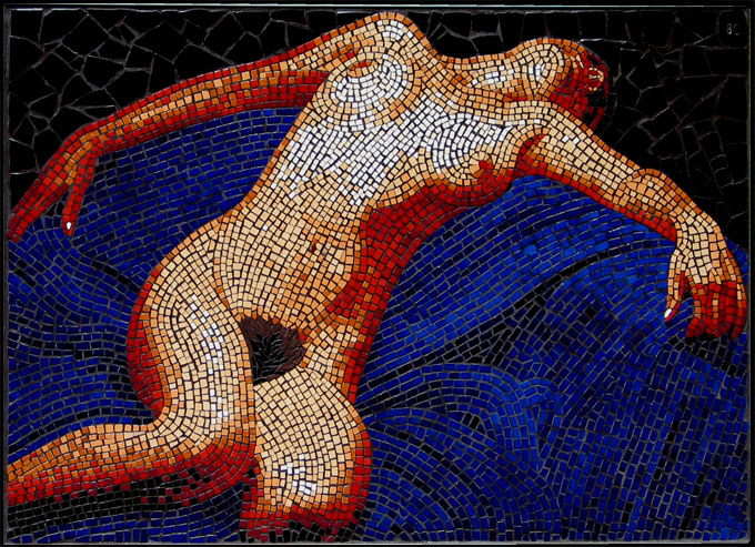 nude mosaic of a woman in reclining position made from ceramic as a mural