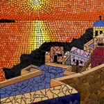 Late afternoon scene in Santorini in ceramic mosaic