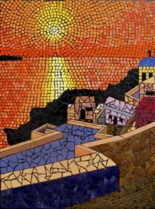 Late afternoon scene in Santorini in ceramic mosaic