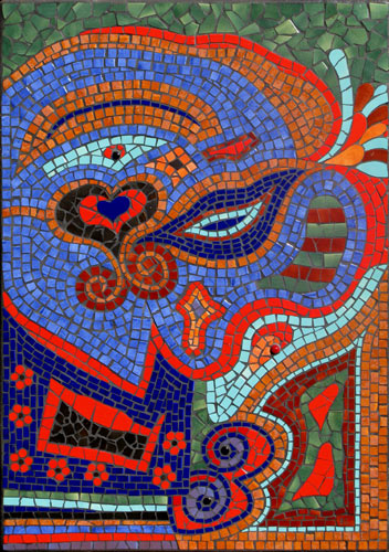 Surreal and colourful mosaic mural based on a rough doodle