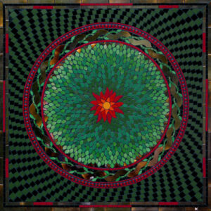 springburst mosaic mandala bright green leaves around a sun centre surrounded by a Celtic style border