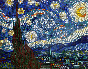 starry night mural by Van Gogh depicted in ceramic mosaic