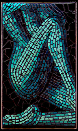 nude figure in mosaic in aqua shades