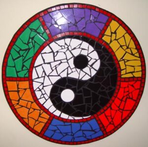 yin yang colourful mosaic mural'