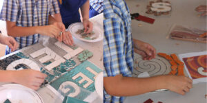 Photos of students creating mosaic artworks during the school mosaic workshops.