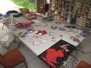 Artists studio during the making of the Flamenco lady mosaic art work