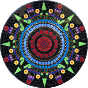 Stone of Tizoc mosaic mandala created with ceramic tile & glass