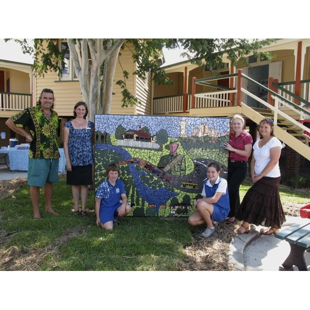 Completed Enoggera School Mosaic with artist, staff, students and local MP